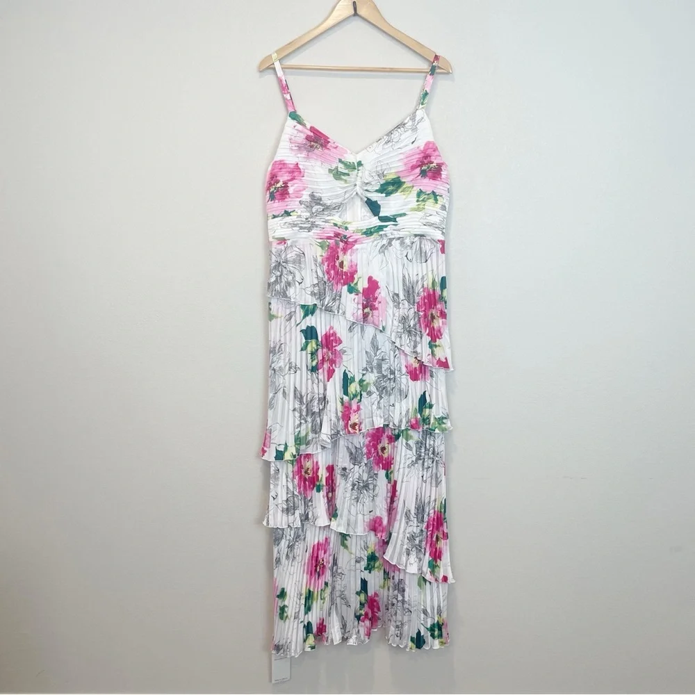 Abercrombie & Fitch Giselle Pleated Tiered Maxi Dress Satin White Floral XL TALL